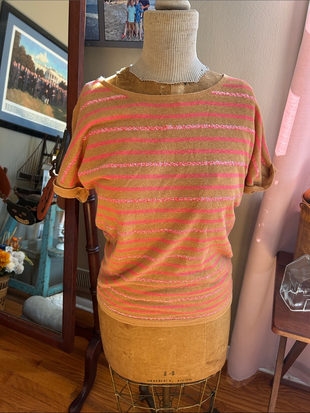 Boden Pink Sequins and Mustard Striped Short-Sleeve Knit Top | US4/UK8